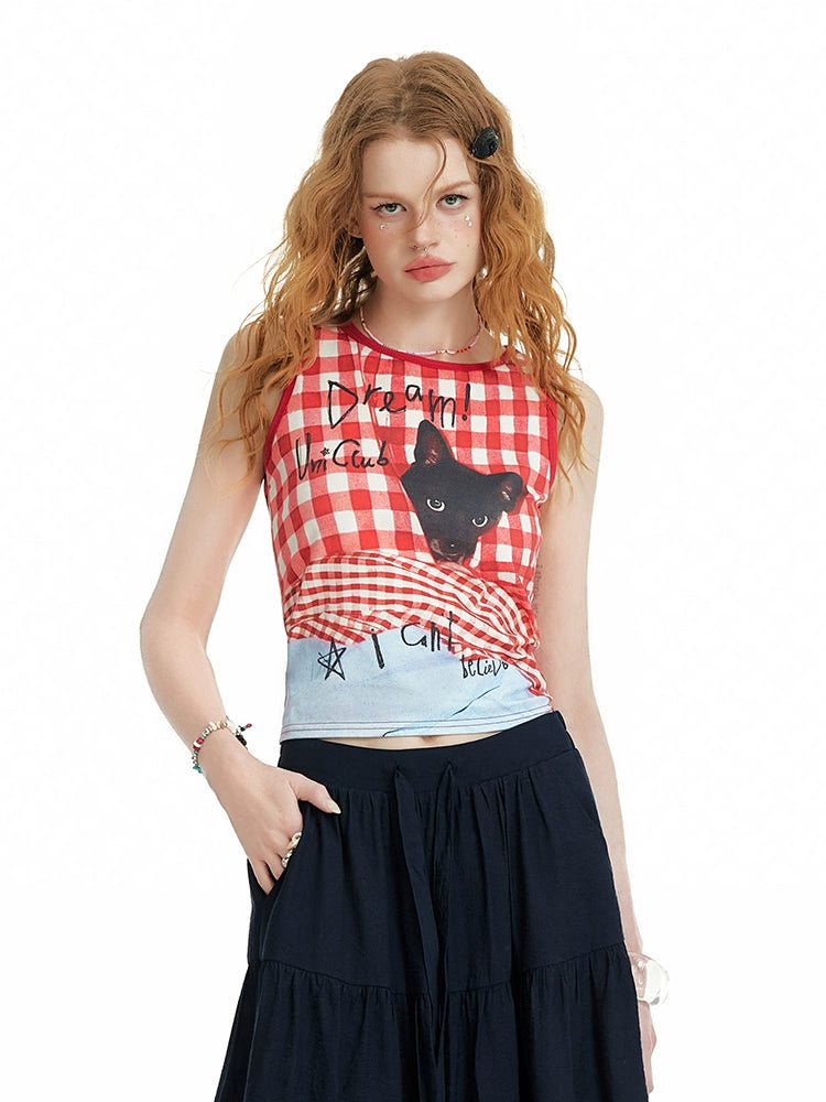 UNIREE model wearing Y2Kissin Y2K checked vest woman top red gingham cat print knotted front layered over light blue cami