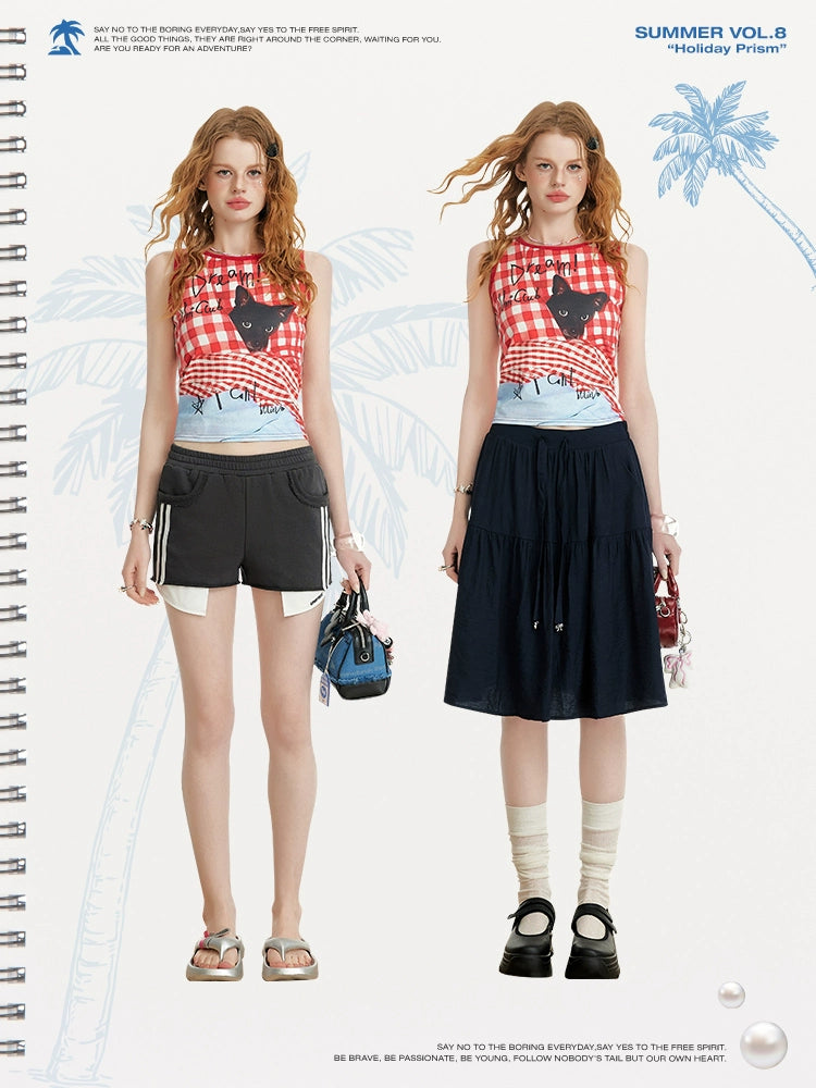 Two models wearing UNIREE Y2Kissin Y2K checked vest woman top red gingham cropped top styled with shorts and midi skirt